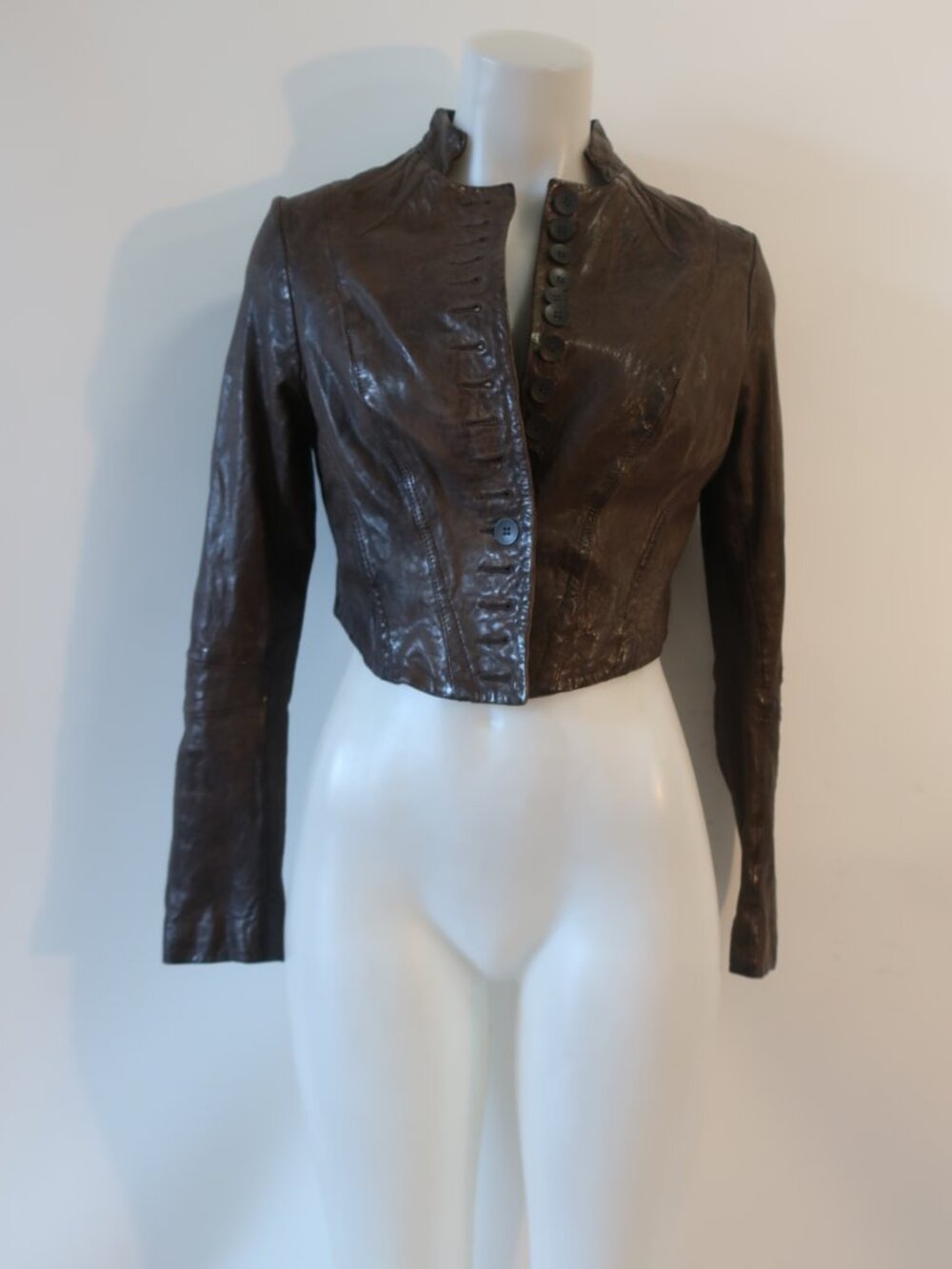 Womens All Saints Brown (Item- 314) Cropped Bomber Leather Lelex Moto Jacket 12 - Picture 14 of 15